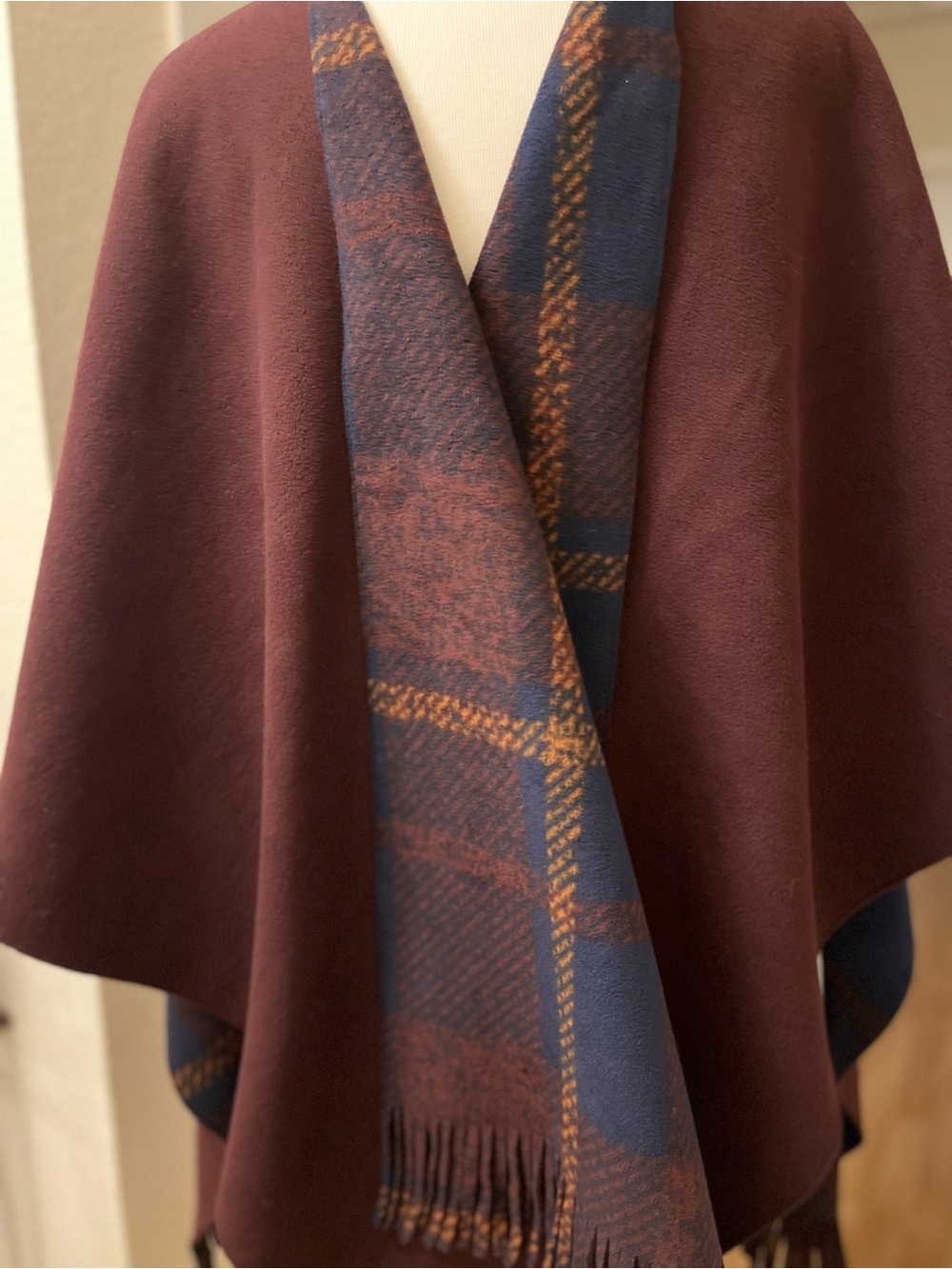 RACHEL Rachel Roy Reversible Plaid Poncho/Cape in Burgundy, Navy & Mustard